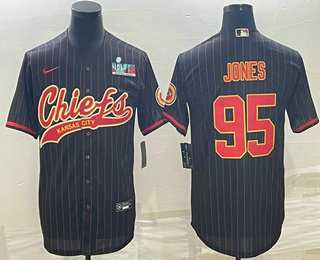 Mens Kansas City Chiefs #95 Chris Jones Black Pinstripe With Super Bowl LVII Patch Cool Base Stitched Baseball Jersey